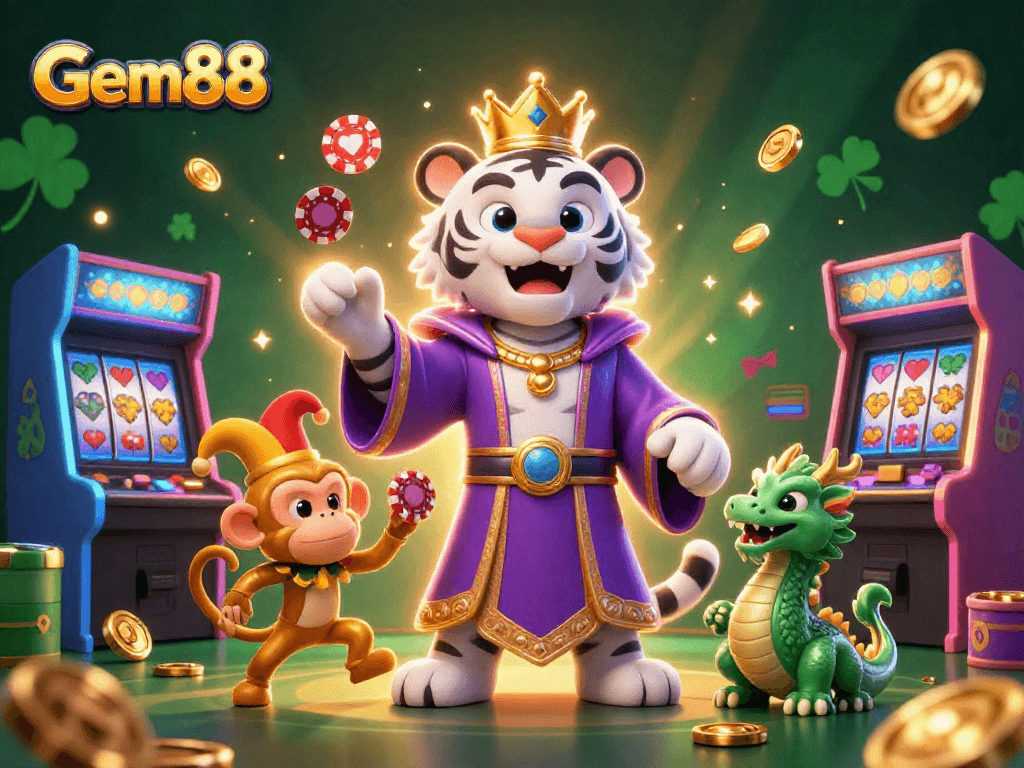 Experience the excitement of Gem88 with a whimsical 3D illustration of playful casino characters.