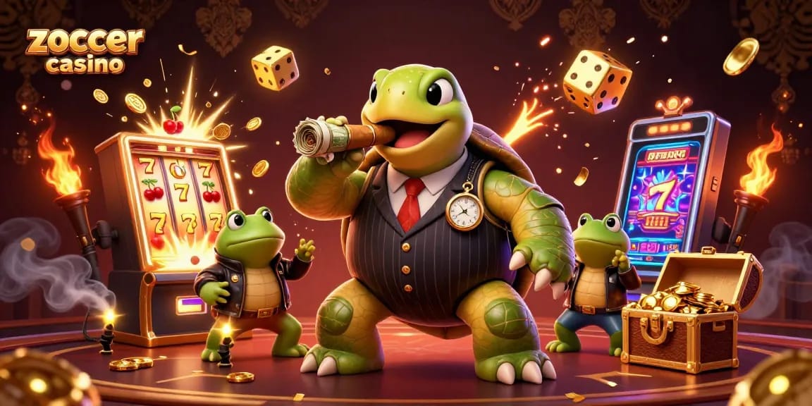 Zoccer casino dynamic scene showcasing a turtle in a mobster suit, decorated with vibrant slot machine elements and golden coins.