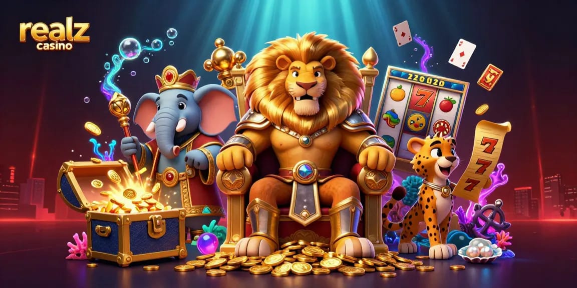 Experience the thrill of realz casino with an epic scene featuring a lion king, elephant, and cheetah amid vibrant gaming elements.