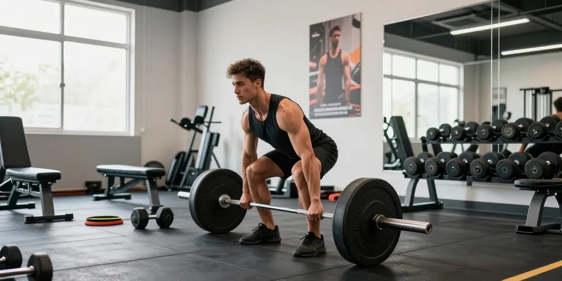 Aktiv im Utinon Steroids Shop: Athlet beim Gewichtheben in modernem Fitnessstudio.