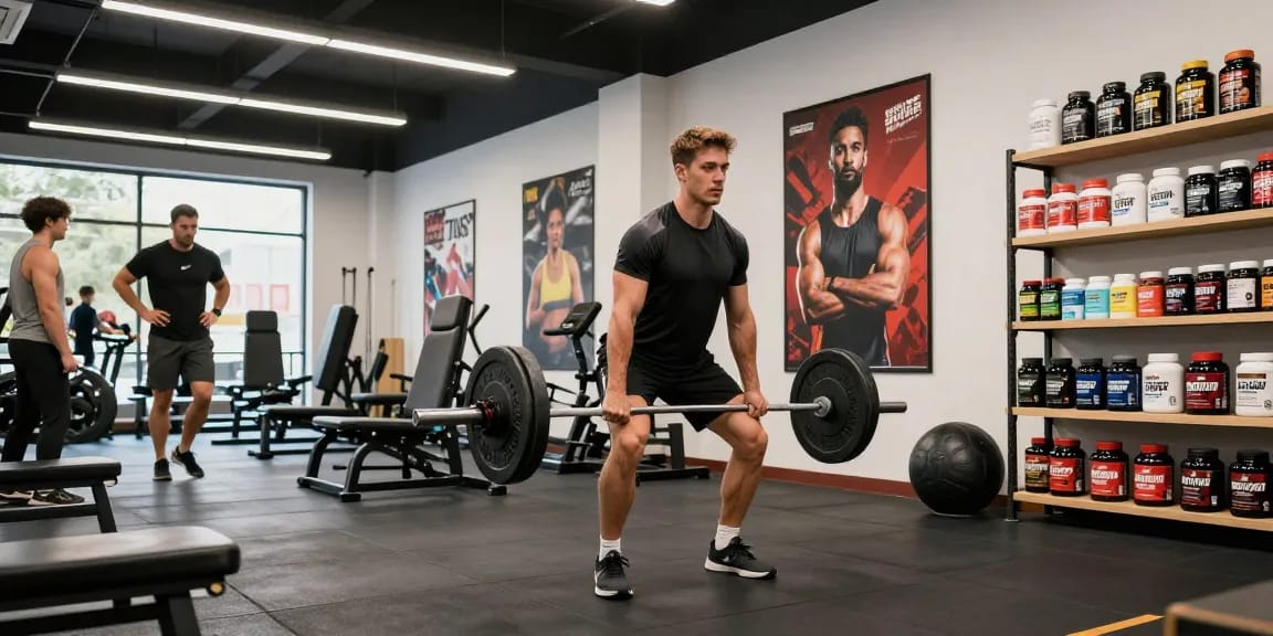 Global Pharma Steroid Shop - Sportler trainiert gewichtig mit hochwertigen Anabolika und Supplements im Fitnessstudio