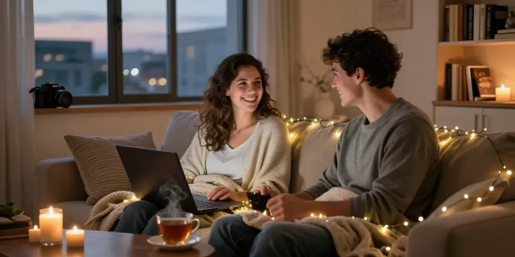 Enjoying a cozy sex chat online, couple laughing with laptops and warm lighting.