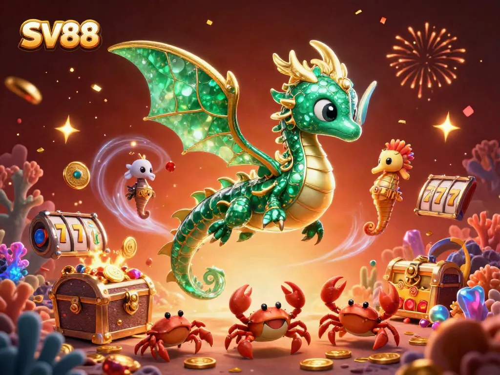 SV88 offers an immersive casino experience with a cartoon sea dragon and gaming elements undersea.