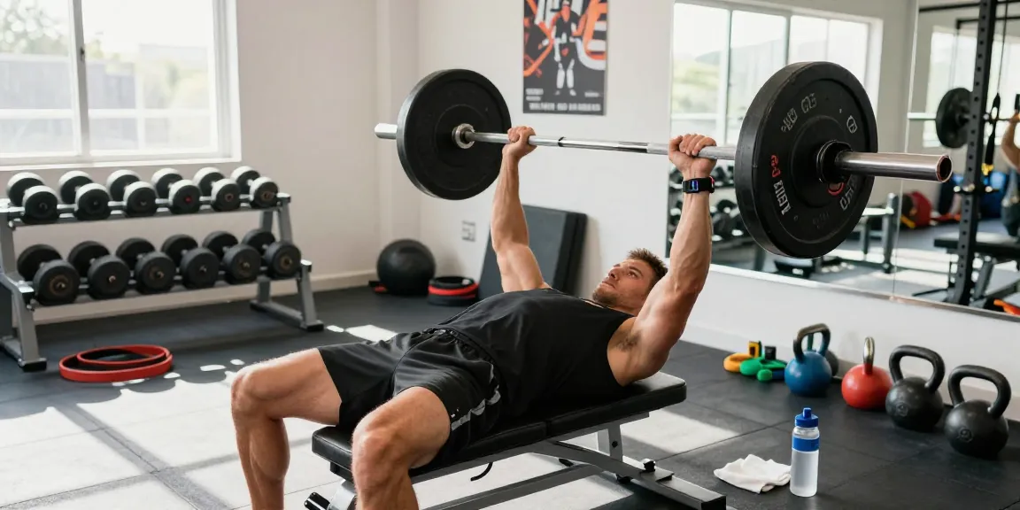 Anabolika Shop Deutschland: Professionelles Fitnessstudio mit Bodybuilder beim Bankdrücken, umgeben von hochwertigem Trainingsequipment.