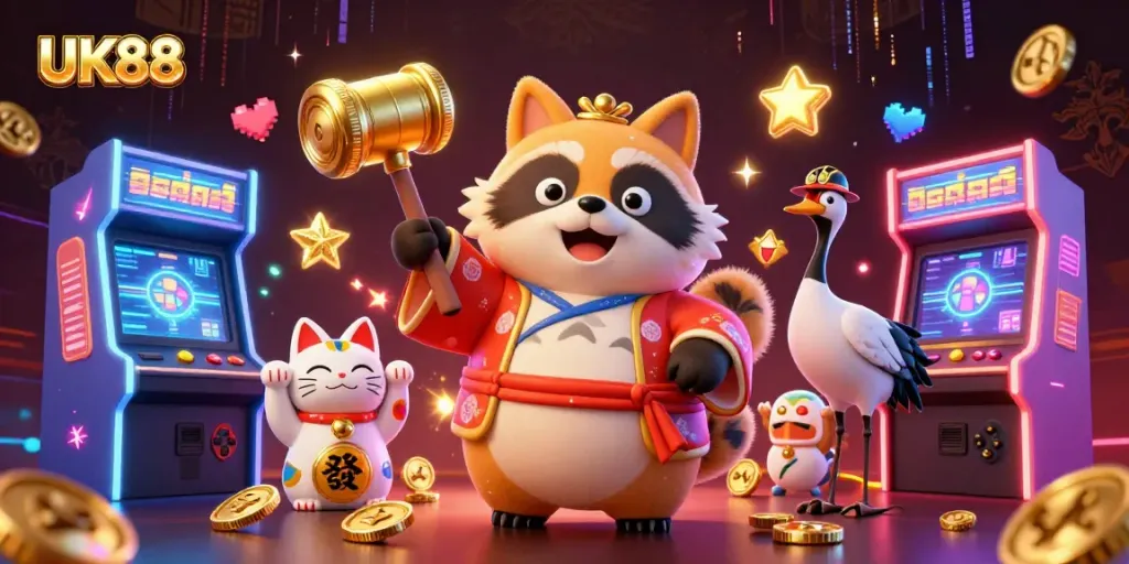 Enjoy thrilling fun with UK88 casino featuring cheerful characters, arcade games, and vibrant visuals.