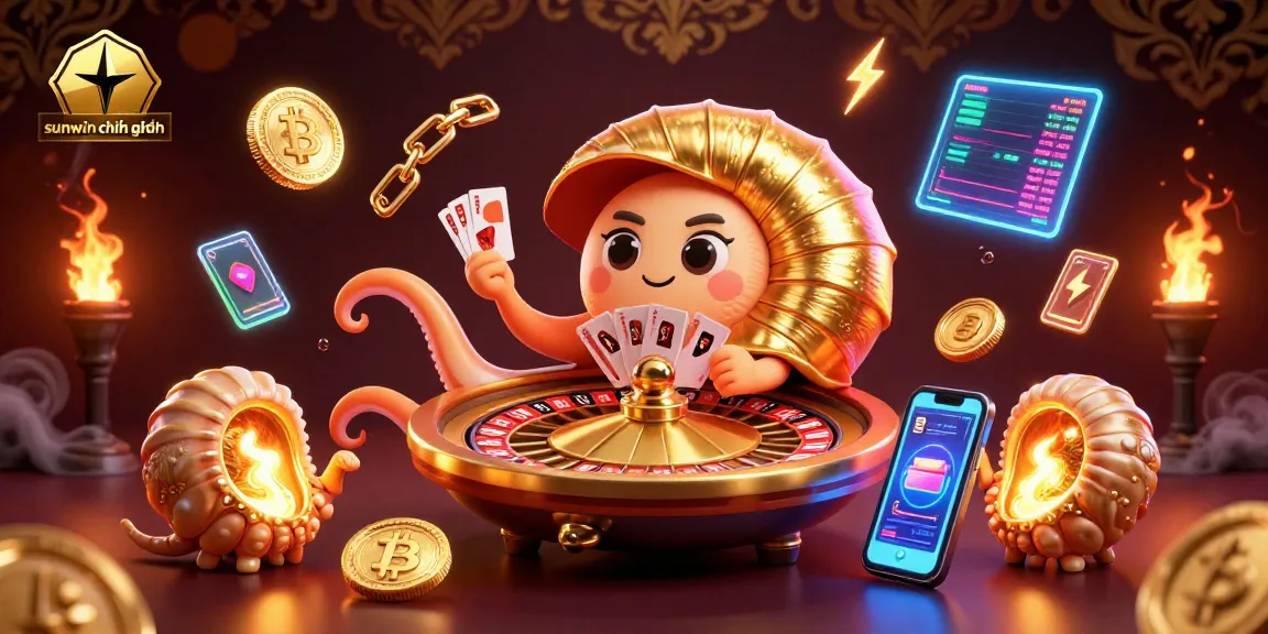 Engage with sunwin chính hãng by spinning the golden roulette shell and holding winning cards in a vibrant casino scene.
