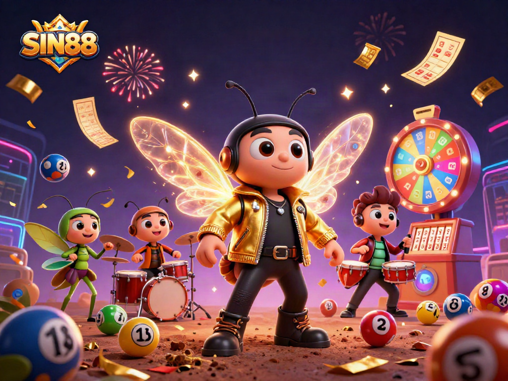 SIN88 features a vibrant casino scene with a cicada rock star, drummer beetle, and crickets celebrating