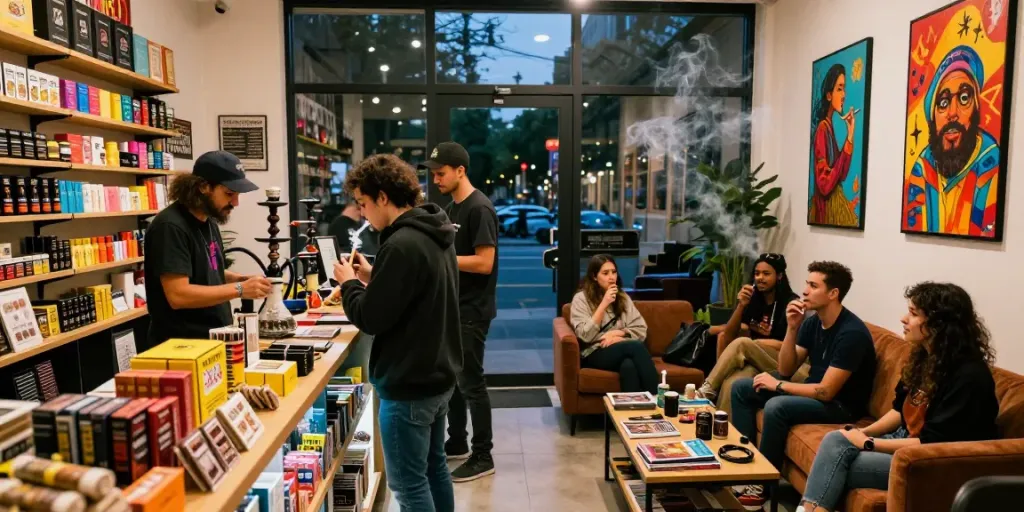 Enjoying diverse products at rokok88 smoke shop with friends in a vibrant urban setting.