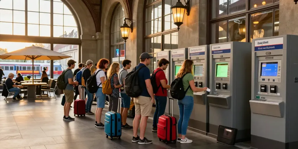 Erwerb von Zugtickets für Hin- und Rückfahrt an einem europäischen Bahnhof mit Reisenden in der Schlange.