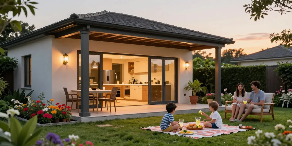 Familie genießt Sommerabend unter Terrassenüberdachungen mit Spiel und Essen im Garten