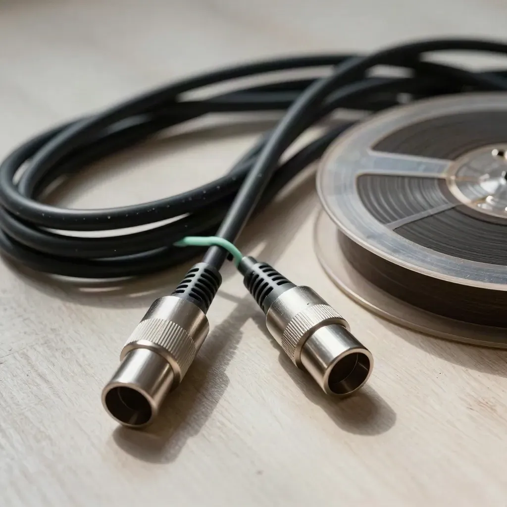 XLR-Kabel, Mikrofonclip und Bandspulen-Nabe auf hellem Holz mit Studiolicht