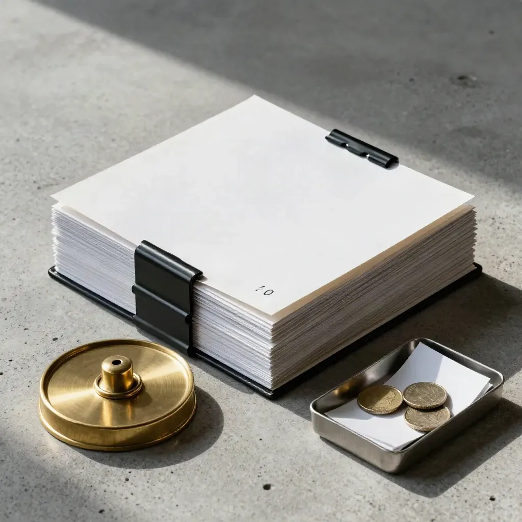 Brassener Papiergewicht, schwarze Buchklammern und Münzschale auf Beton.