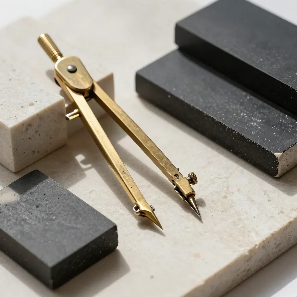 Architektur-Stillleben mit Messingzirkel, Kalksteinwürfeln und schwarzen Probenchips auf hellem Stein.