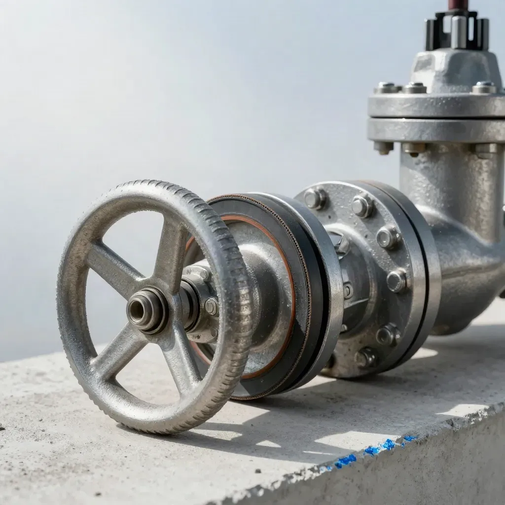 Ventilrad, Dichtungsring und Rohrkupplung auf hellem Beton im Werkstattlicht.