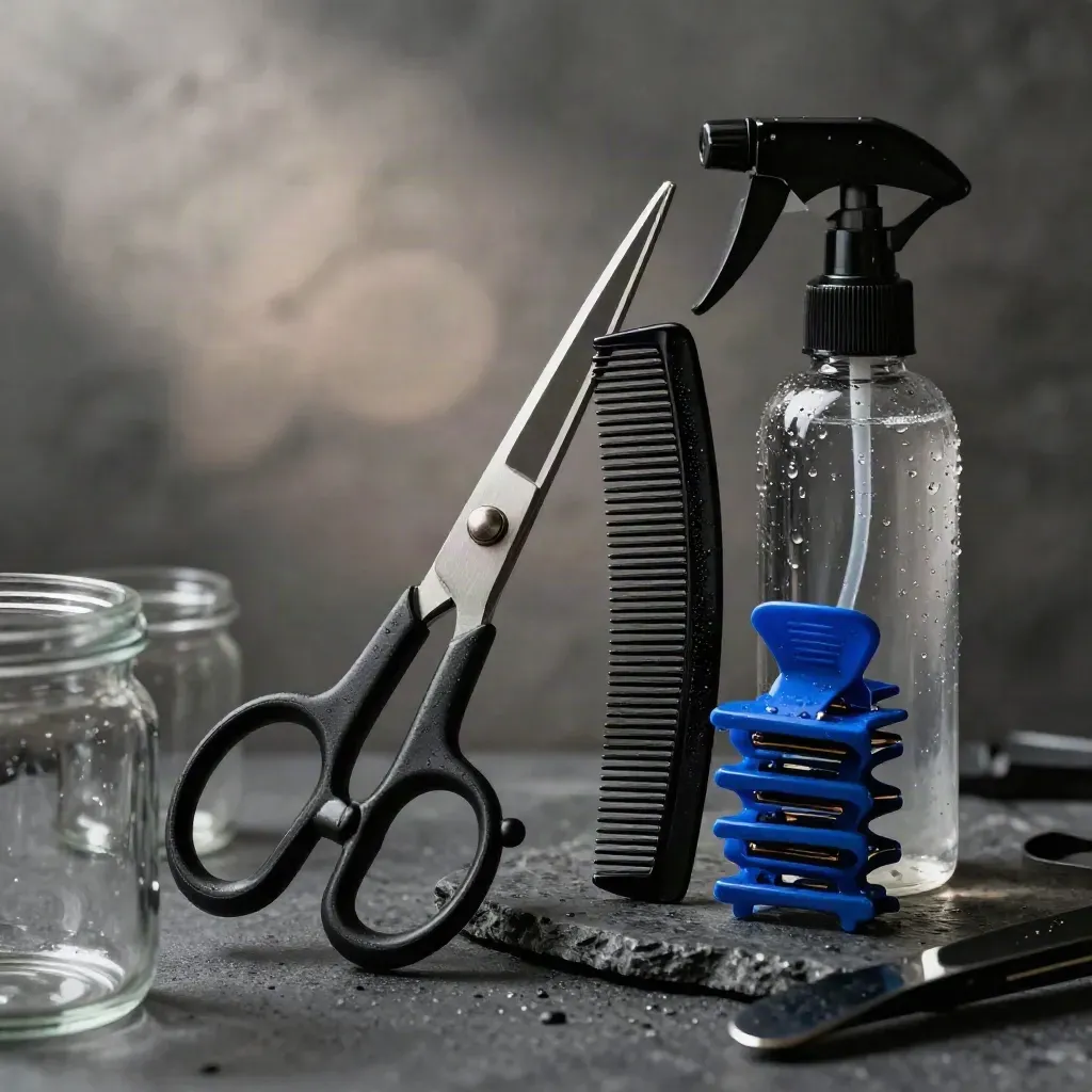 Schere, Kamm, Clips und Sprühflasche auf dunklem Stein im dramatischen Licht