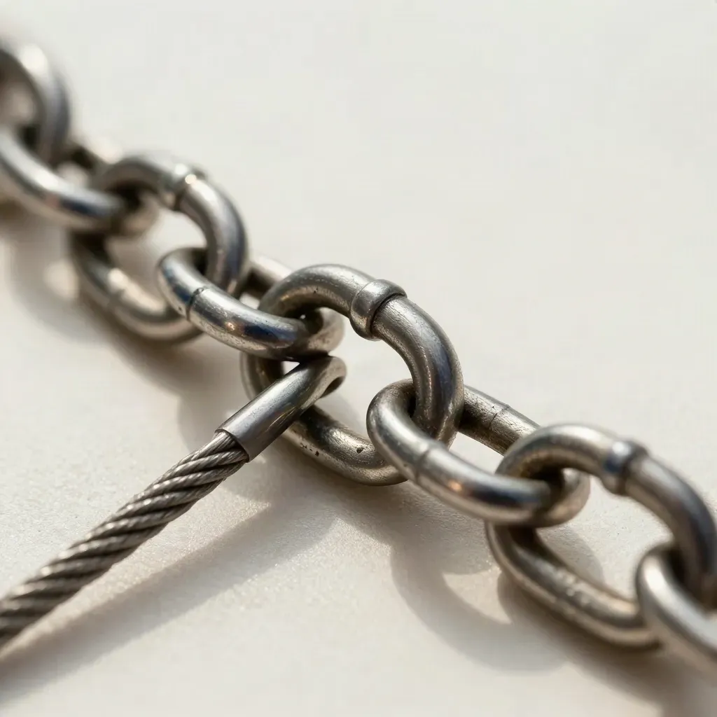 Makro von Metallringen und Kabel auf graphitfarbenem Metall, diagonal und präzise.