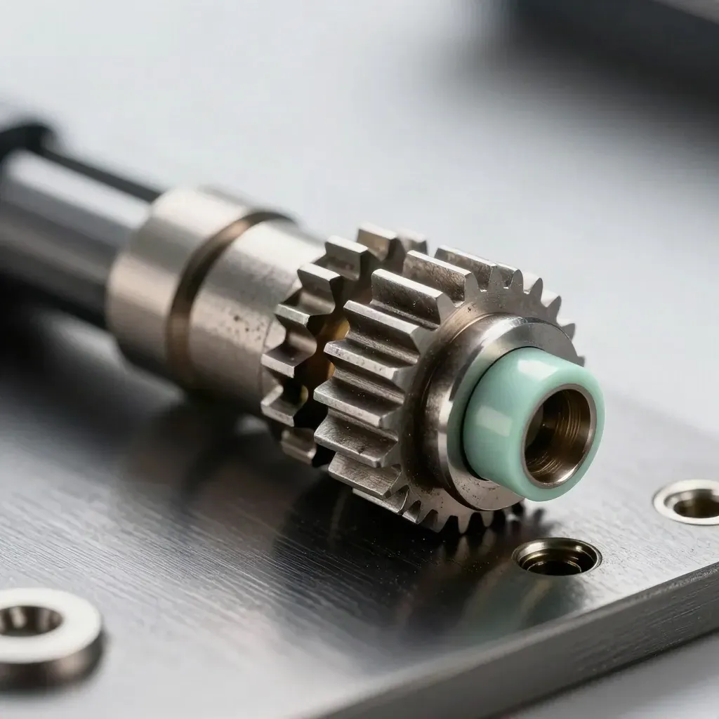 Makro von Präzisionsverbindern und Zahnrad auf gebürstetem Metall mit mintfarbenem Akzent.