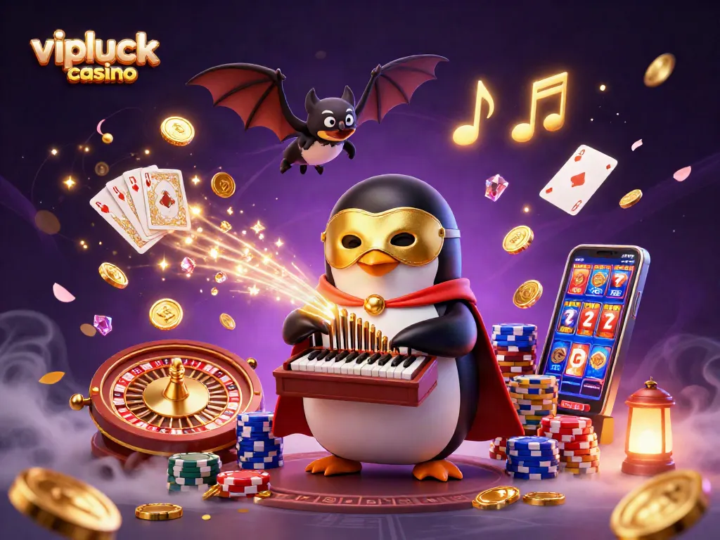 Experience the enchanting vipluck casino with a mystical penguin organist showering golden coins during a vibrant scene.