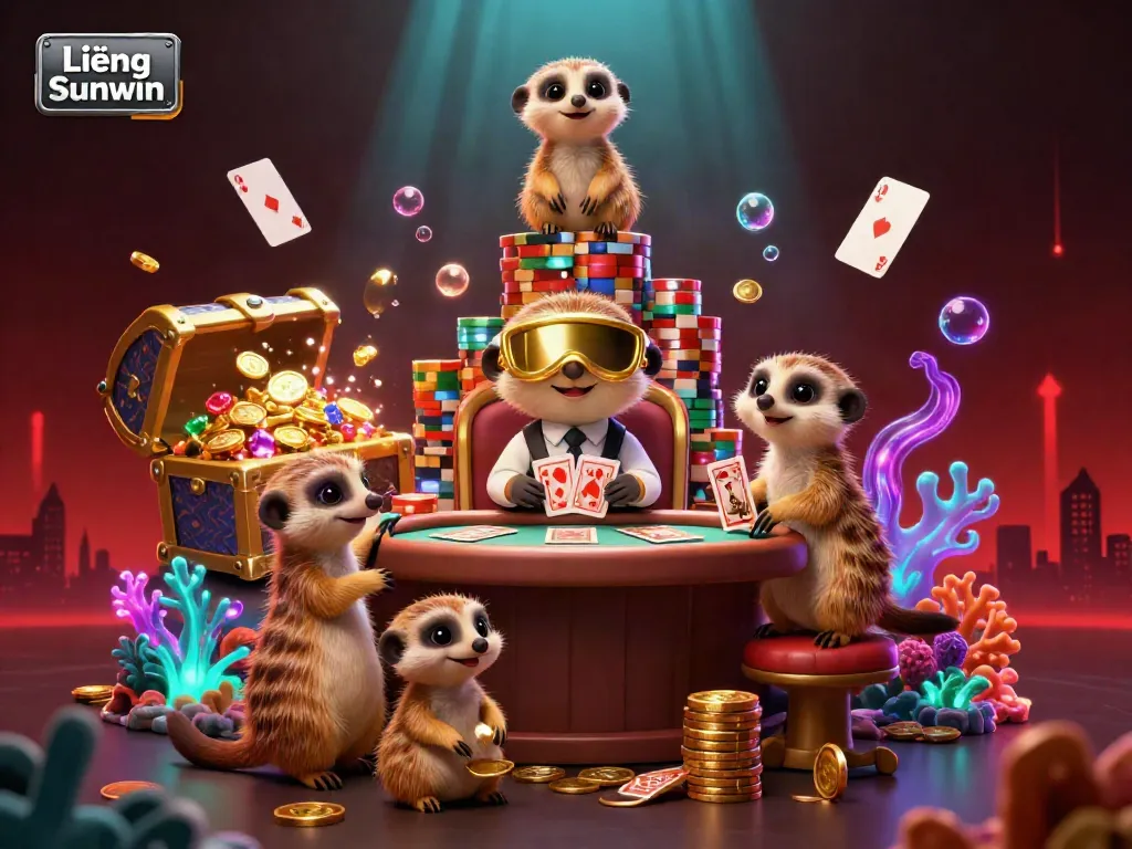 Experience the excitement of Liêng Sunwin with a playful meerkat casino scene full of vibrant casino elements.