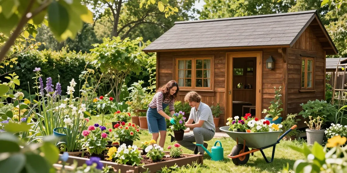 Vibrantes Gartenhaus umgeben von bunten Blumen und einem Paar, das im Garten arbeitet.