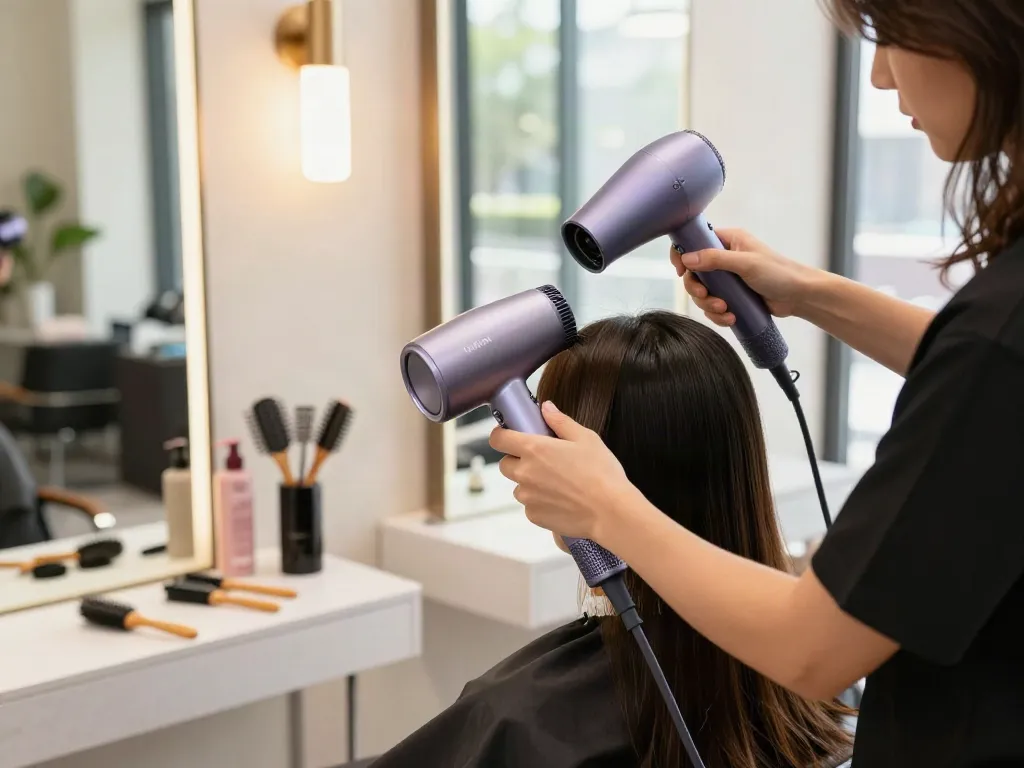 Stylist verwendet einen Laifen Föhn in einem modernen Friseursalon mit natürlichem Licht.