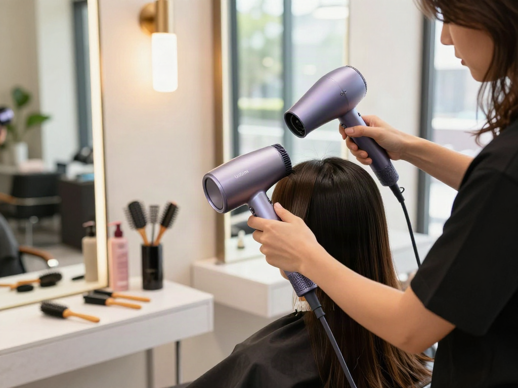 Stylist verwendet einen Laifen Föhn in einem modernen Friseursalon mit natürlichem Licht.