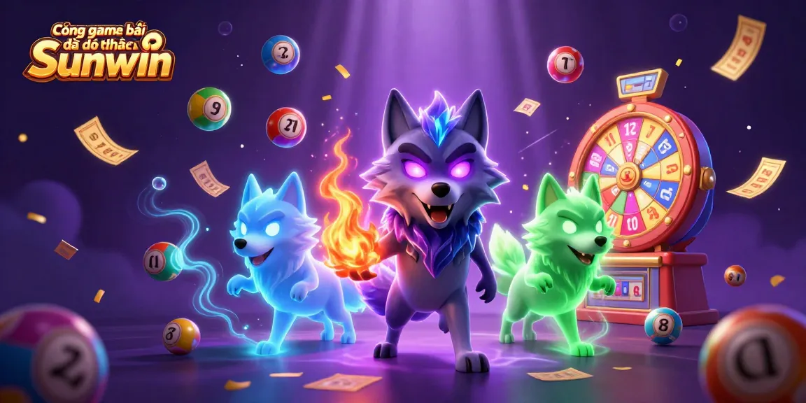 Cổng game bài đổi thưởng Sunwin showcases a dynamic casino scene with ghostly wolves and lottery elements.