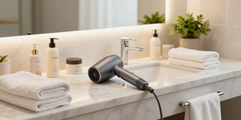 Haartrockner im Test: Eleganter Haartrockner und Pflegeprodukte im modernen Badezimmer.