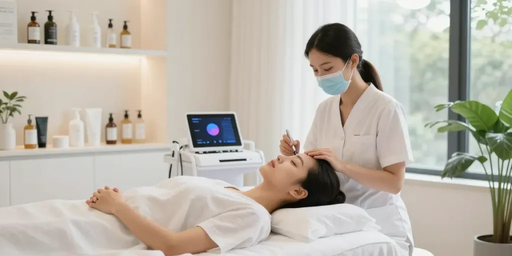 Behandlung zur Augenringe Abdecken in einem modernen Wellness-Spa mit professioneller Ästhetikerin.