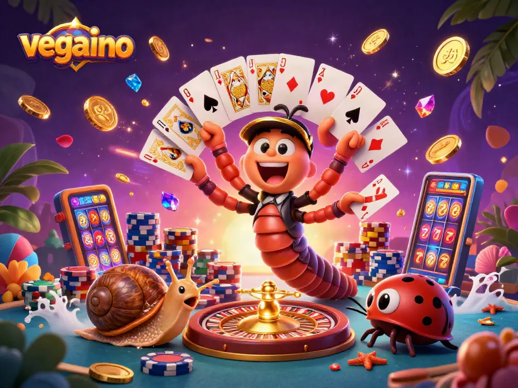 Experience excitement with vegasino - vibrant 3D casino illustration featuring diverse game elements and characters.