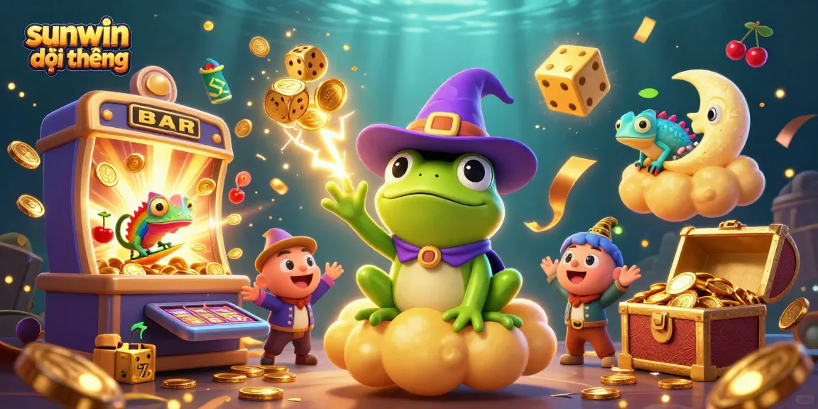 Experience the thrill of sunwin đổi thưởng with a magical scene of coins, characters, and casino elements.