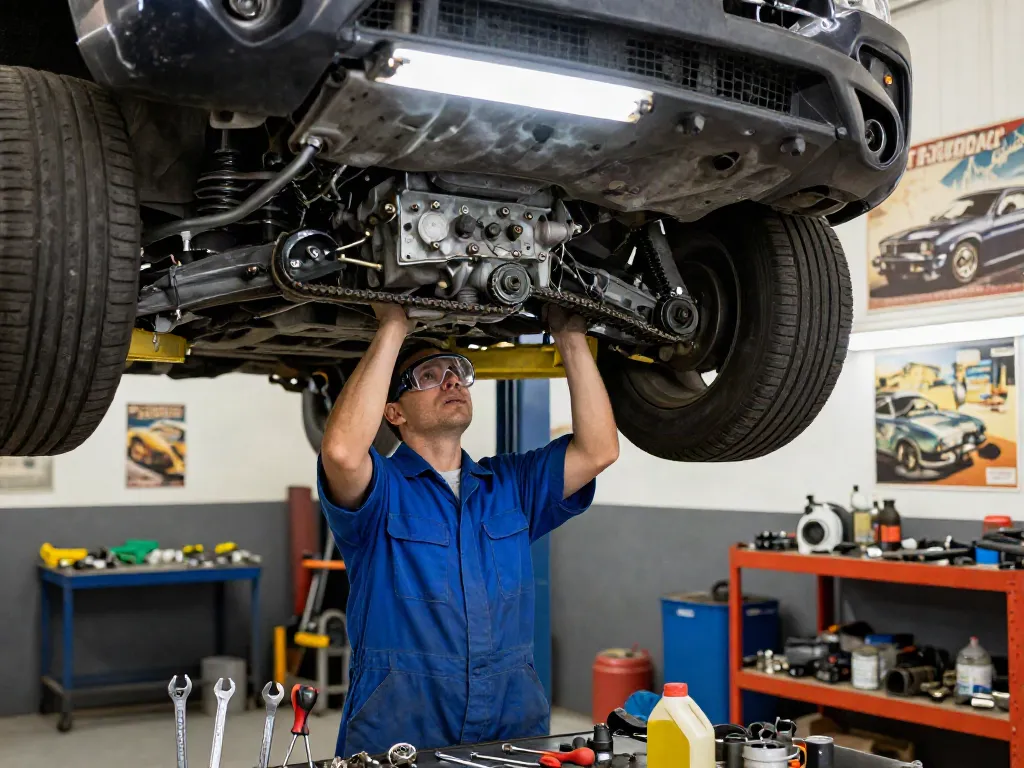 Mechaniker prüft die Steuerkette in einer Werkstatt in Hannover