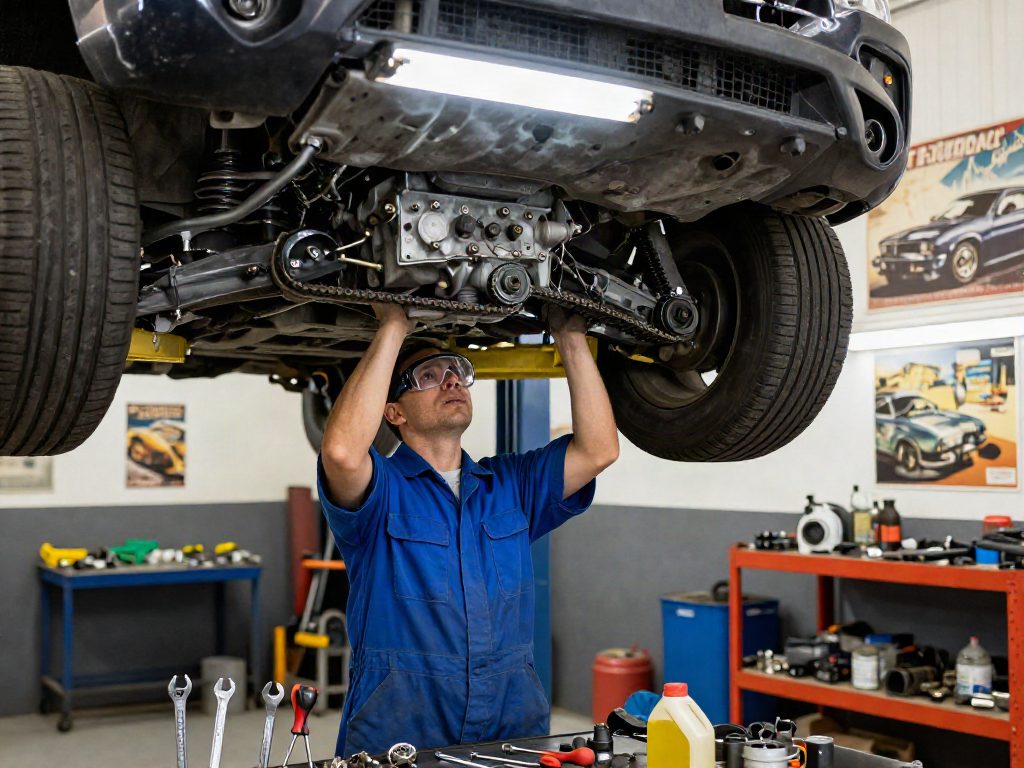 Mechaniker prüft die Steuerkette in einer Werkstatt in Hannover