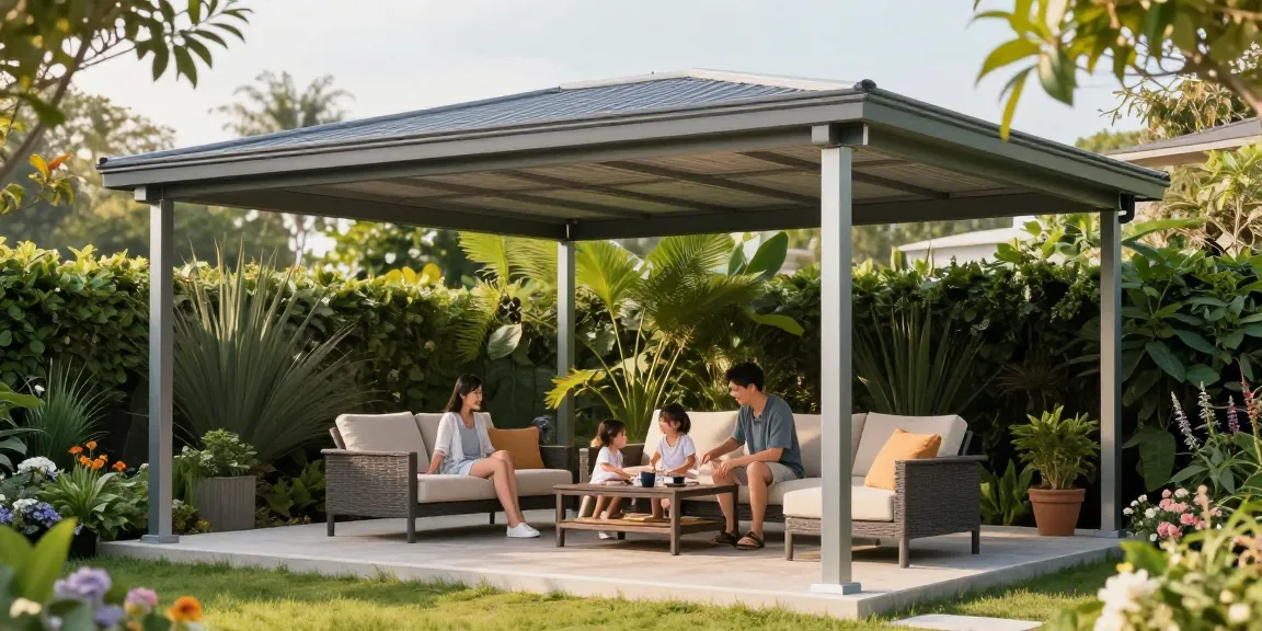 Freistehende Terrassenüberdachung im Garten mit Familie, die die Sonne genießt.