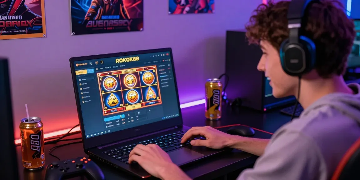 Engaged player logging into ROKOK88 slot login, vibrant gaming setup with laptop and colorful lights.