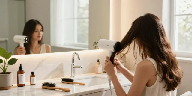 Junge Frau benutzt einen Laifen Föhn in einem eleganten Badezimmer mit stilvollem Design.