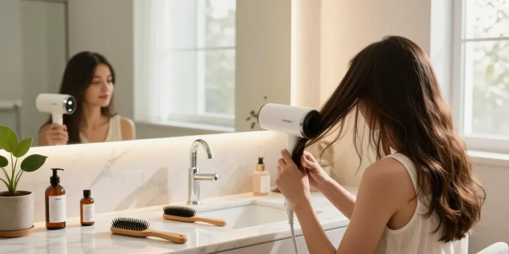 Junge Frau benutzt einen Laifen Föhn in einem eleganten Badezimmer mit stilvollem Design.