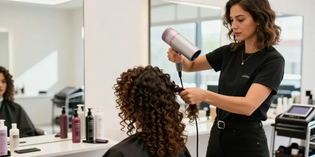 Stylist verwendet einen Laifen Haartrockner in einem eleganten Salon, um voluminöse Locken zu kreieren.