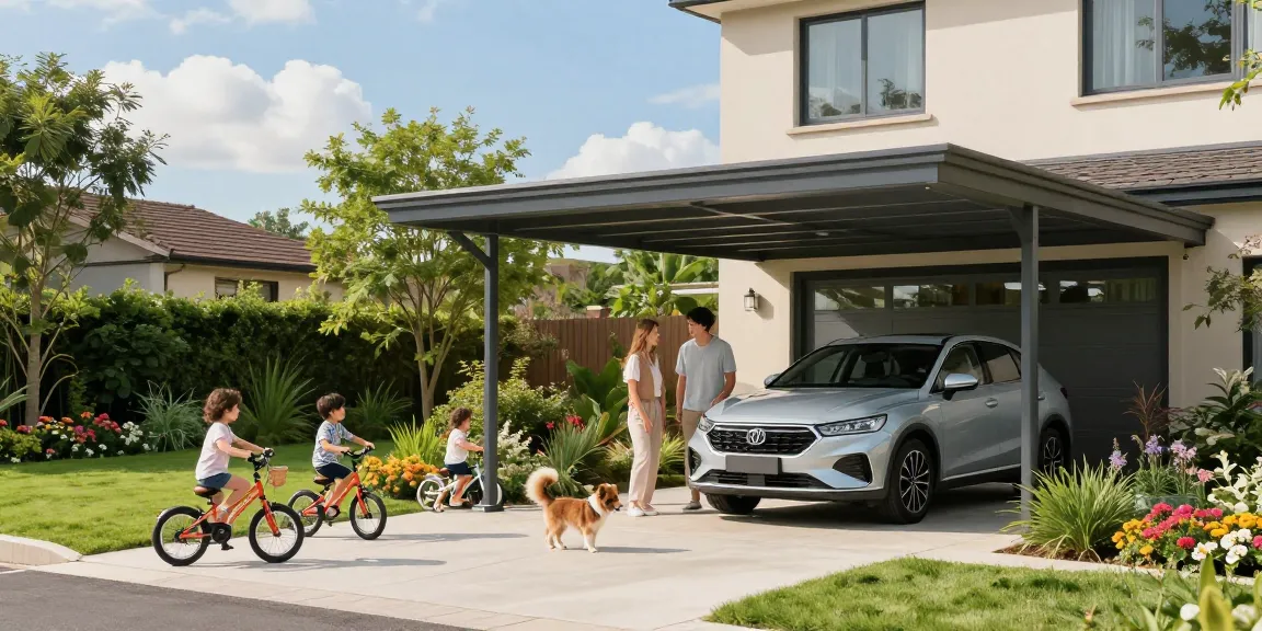 Moderne Carport-Struktur bietet Schutz für Fahrzeuge mit glücklicher Familie und Garten in der Nähe.