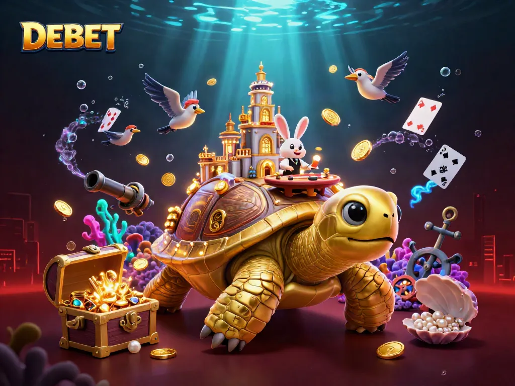 Engage with DEBET's immersive gaming experience featuring a cartoon tortoise casino