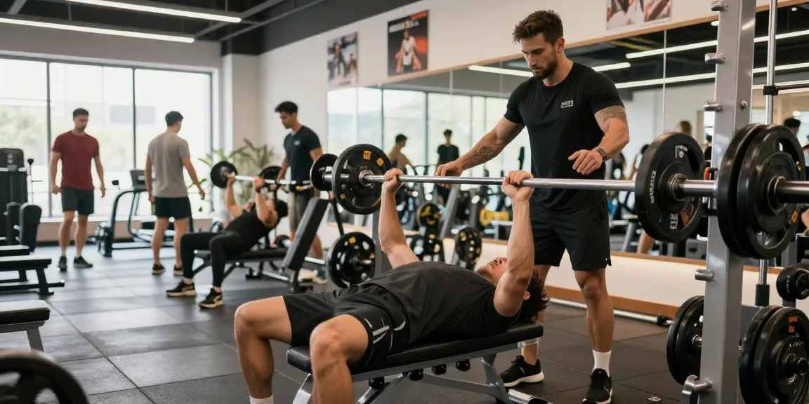 Selliza Shop: Aktiver Sportler beim Bankdrücken in modernem Fitnessstudio.